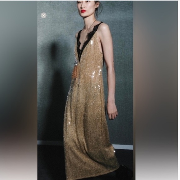 Zara Gold Slip Dress with Black Lace